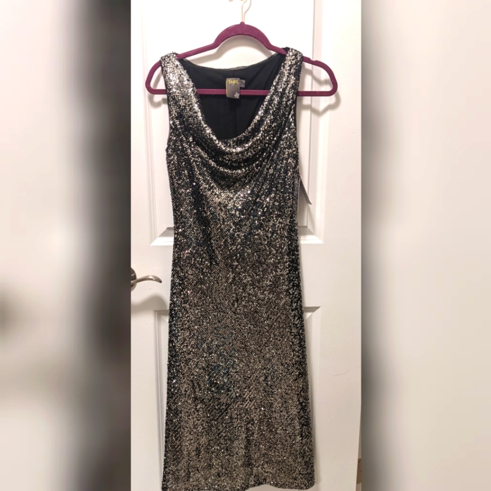 Taylor Cowl neck sequin dress in Silver